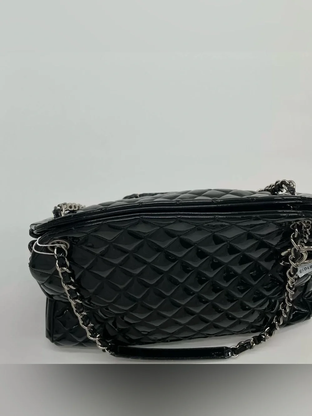 CHANEL Black Quilted Patent Shoulder Bag with Chain and CC Charm